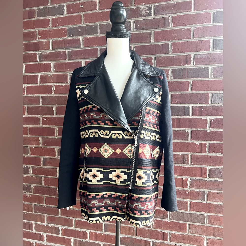 Zara Black Multicolor Aztec-Pattern Moto Coat